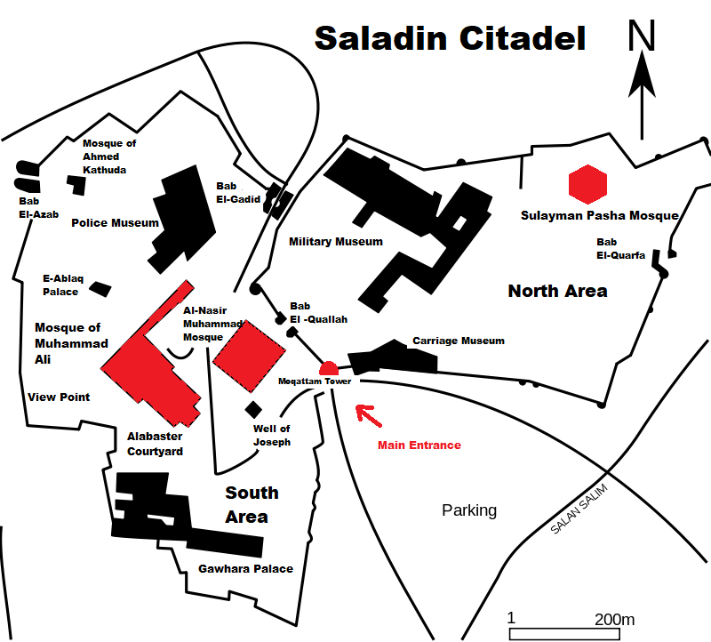 visiting the cairo citadel - Saladin citadel Map with mosques highlighted in red what to see in the area