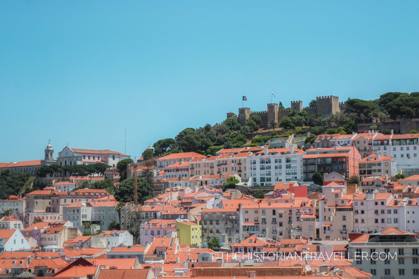 View of the hills of Lisbon and Sao Jorge Castle . Road trip Portugal