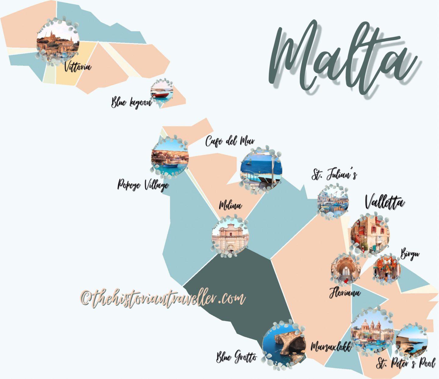 Illustrated map of Malta - Design by The Historian Traveller -Malta 6 days itinerary