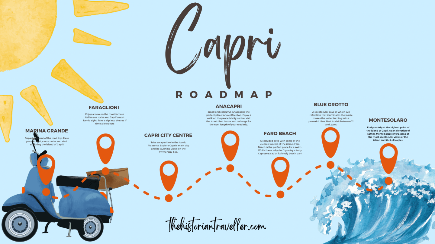 Capri vespa road map with pin points and main locations to visit